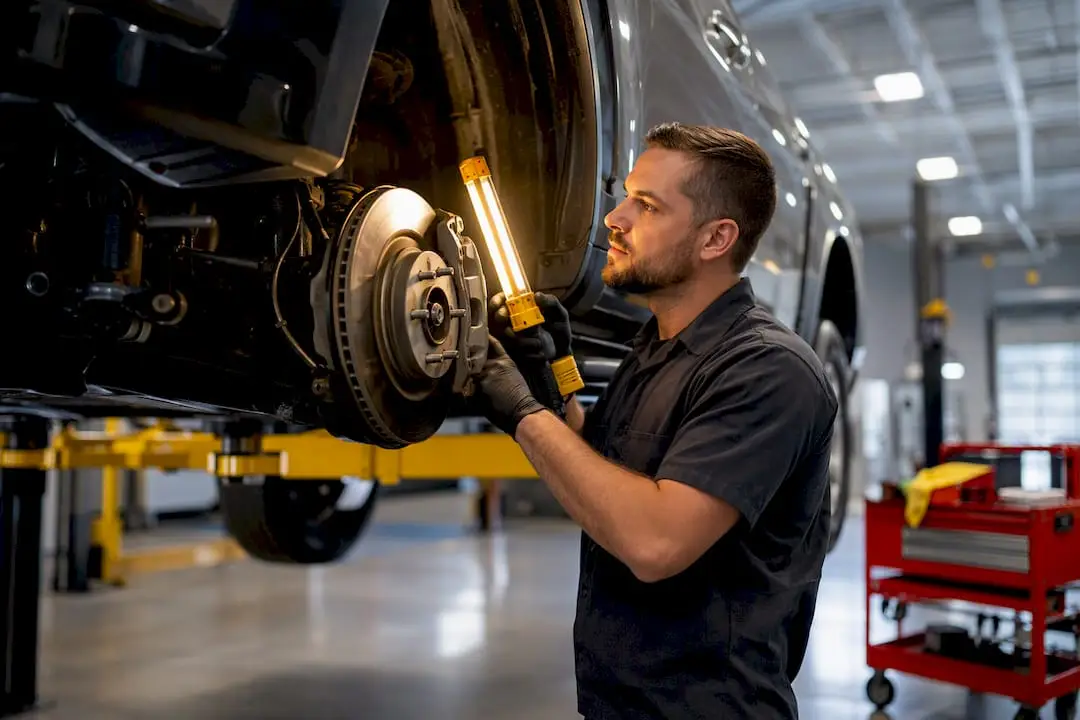 Technician inspecting vehicle on service lift