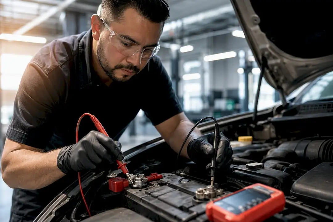 Technician testing van battery voltage