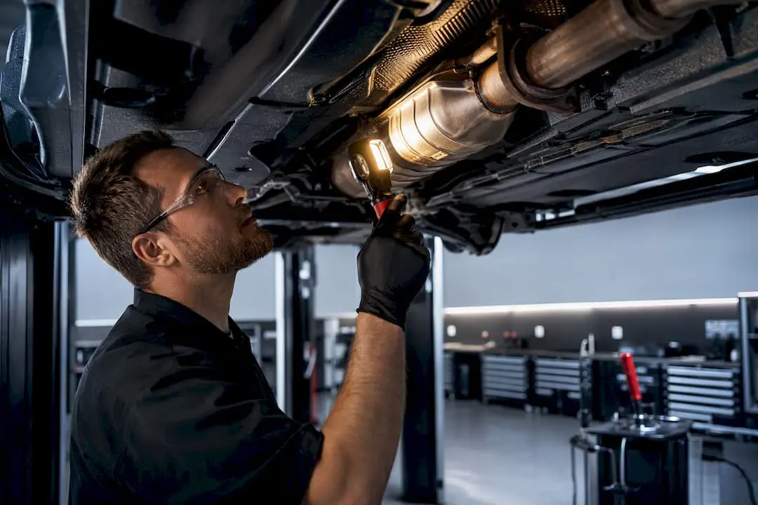 Technician inspecting catalytic converter underside