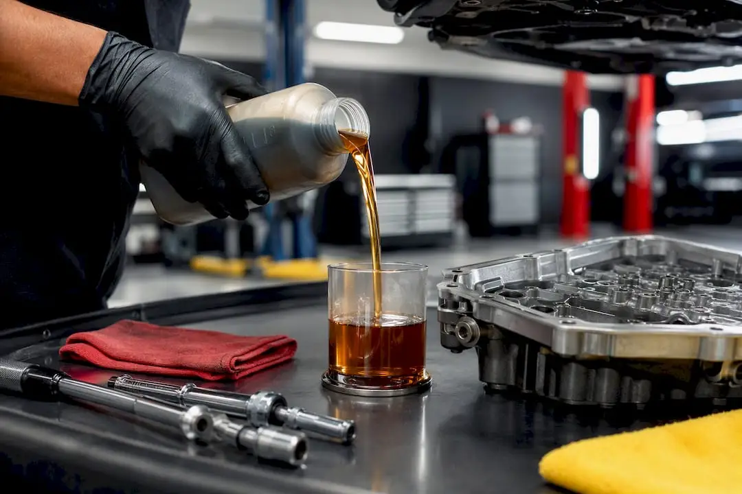 Technician inspecting CVT transmission fluid
