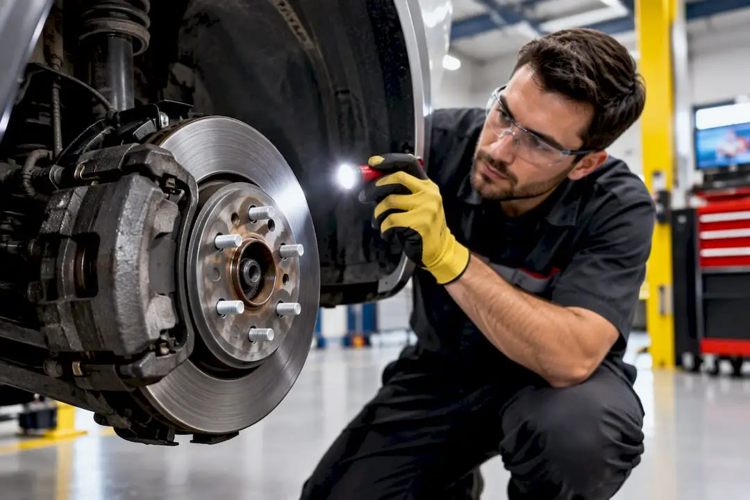 Technician inspecting vehicle brake rotor