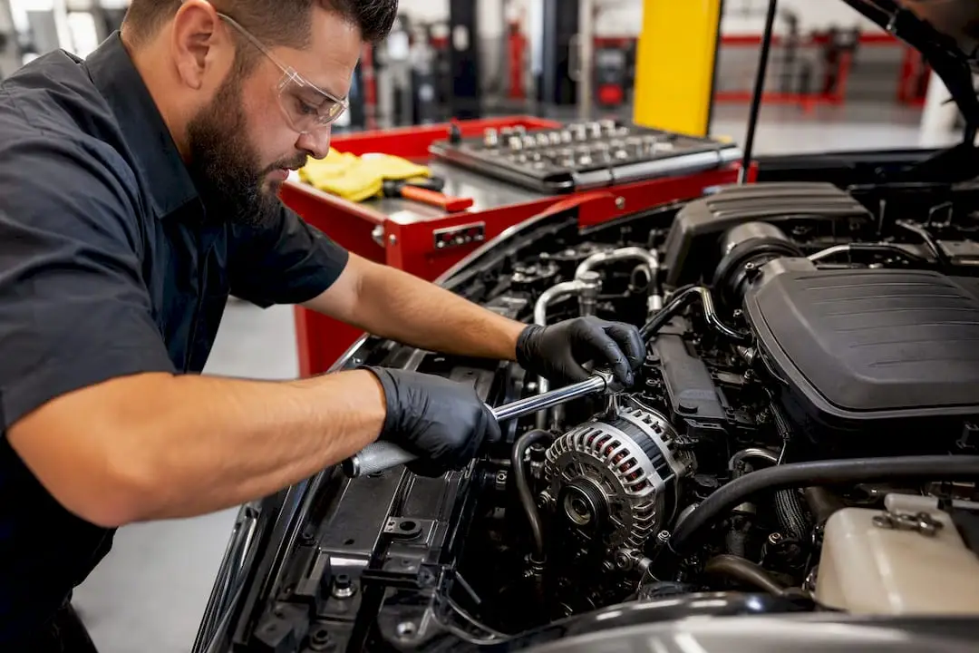 Technician reinstalling an alternator