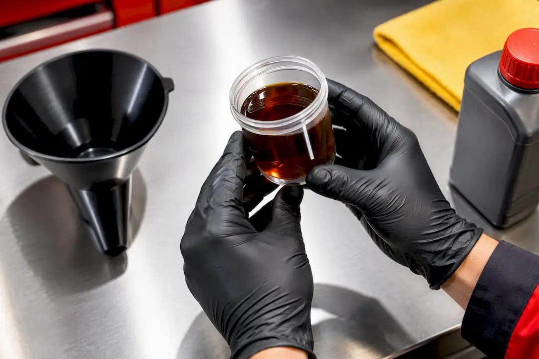 Technician examining dark transmission fluid