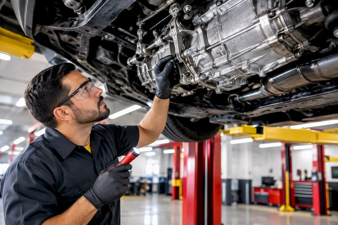 Technician inspecting automatic transmission components