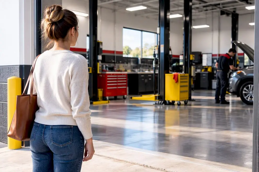 Customer evaluating a clean auto repair shop
