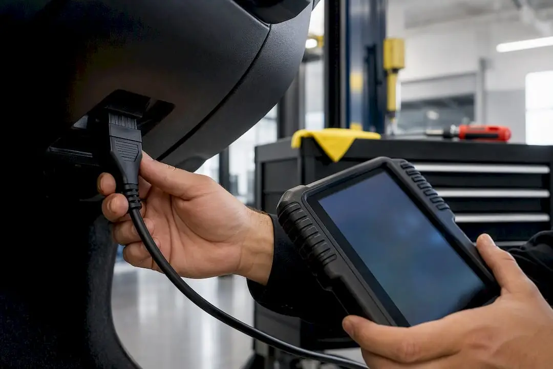 Technician connecting automotive diagnostic tool