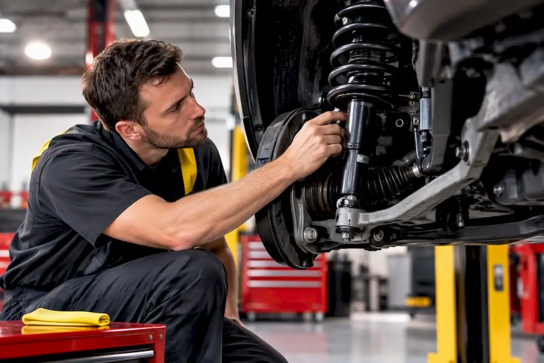 Technician inspecting vehicle strut assembly