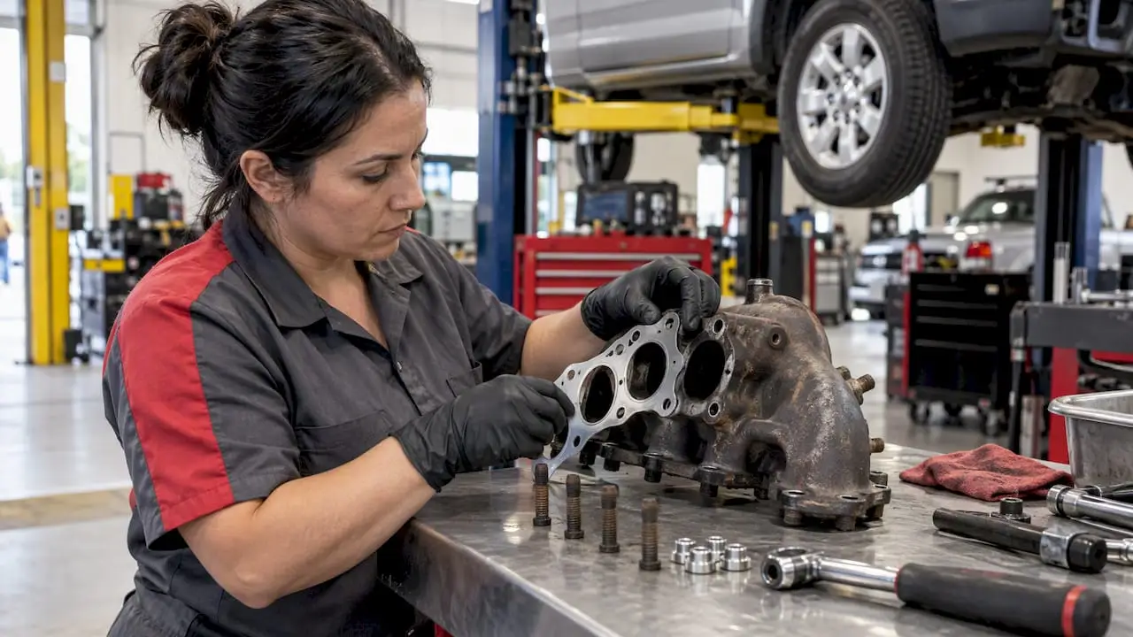 Mechanic positioning an exhaust manifold gasket