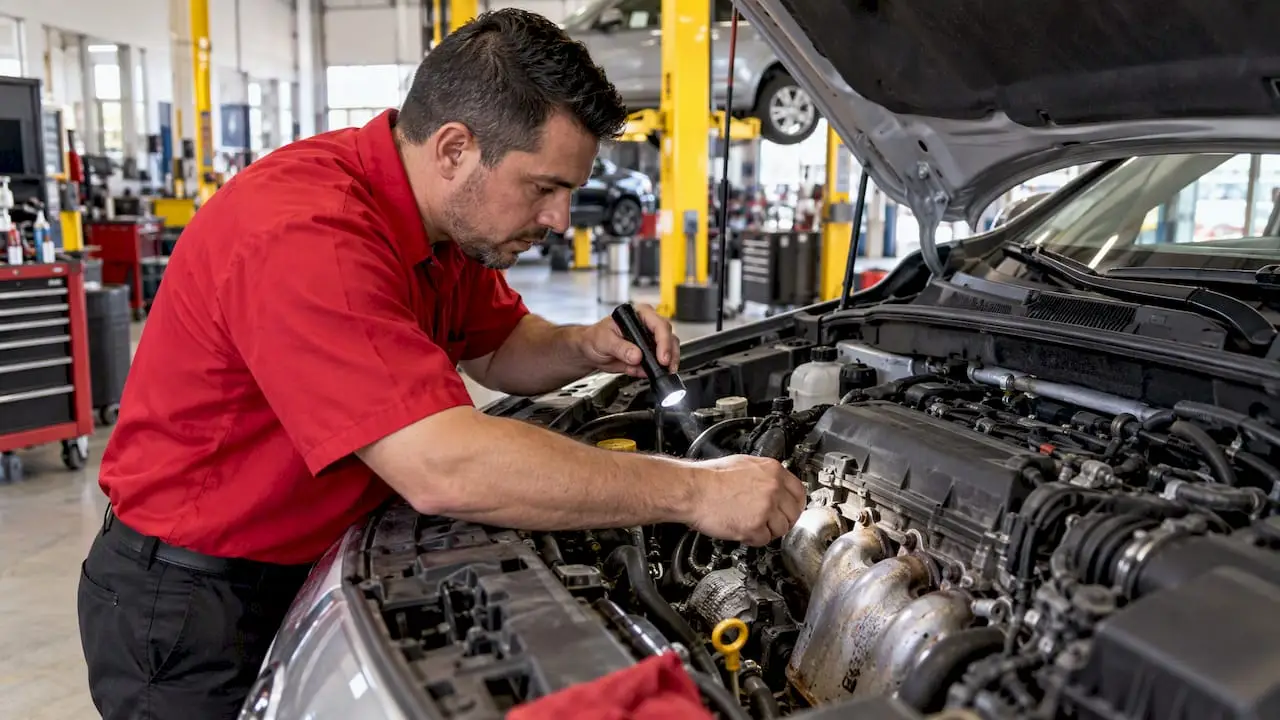Technician inspecting an exhaust manifold leak