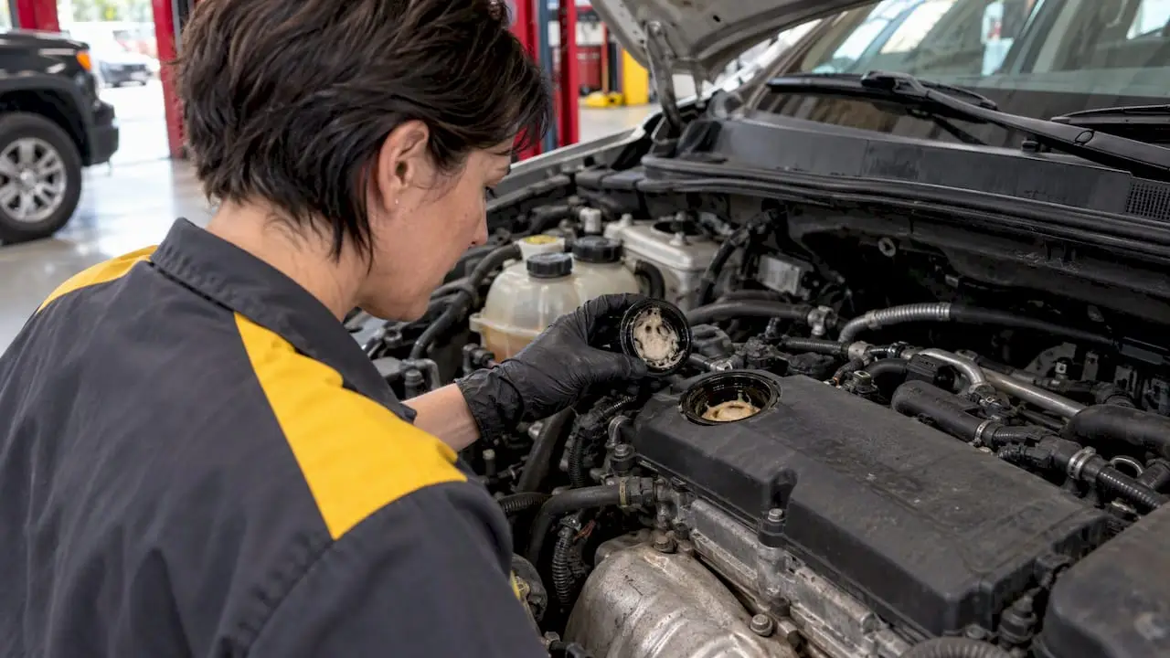 Technician inspecting milky oil under cap