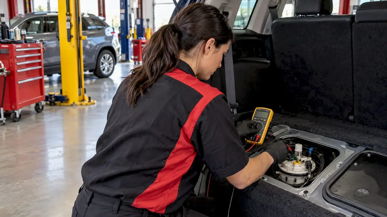 Technician testing fuel pump wiring
