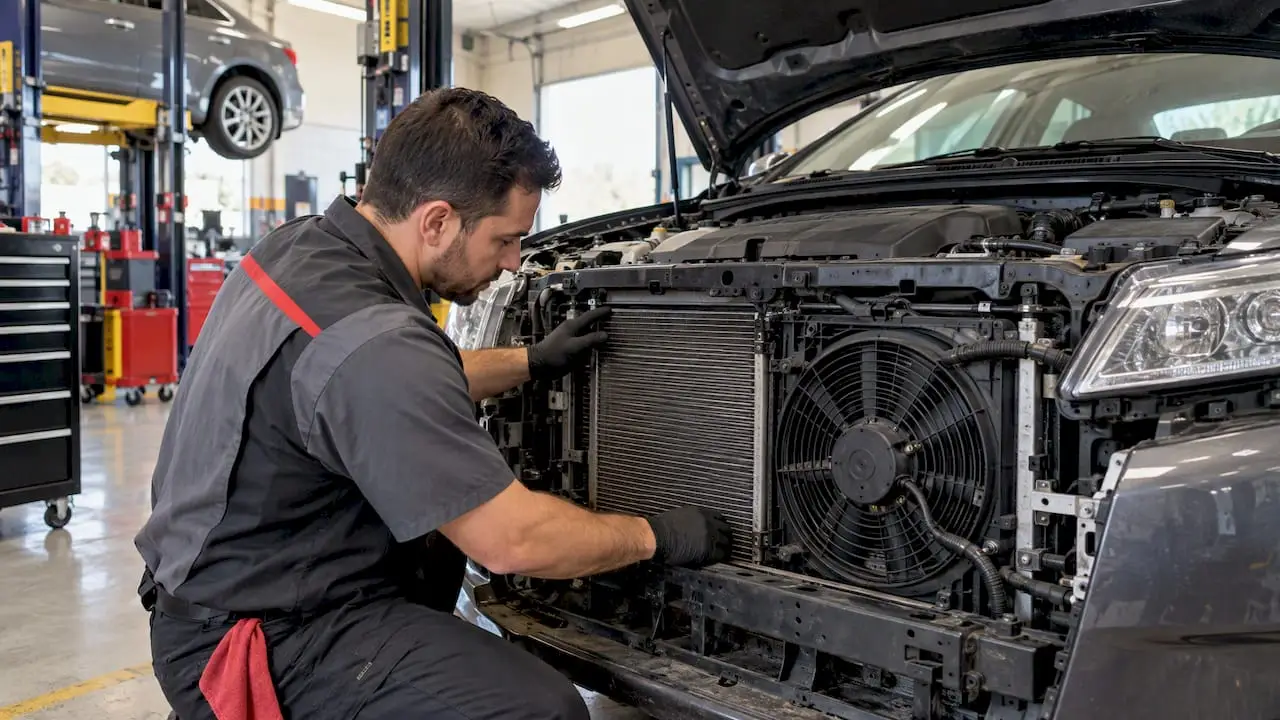 Technician inspecting a vehicle AC condenser