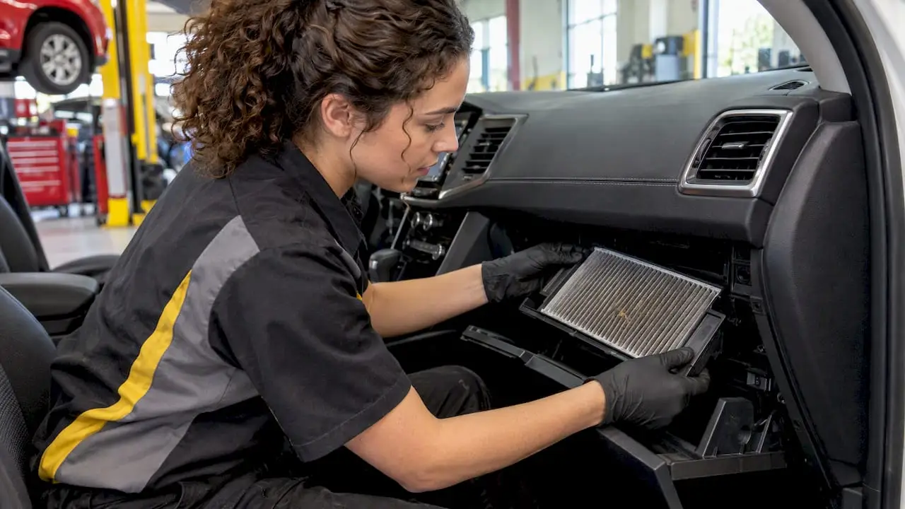 Technician replacing a vehicle cabin air filter
