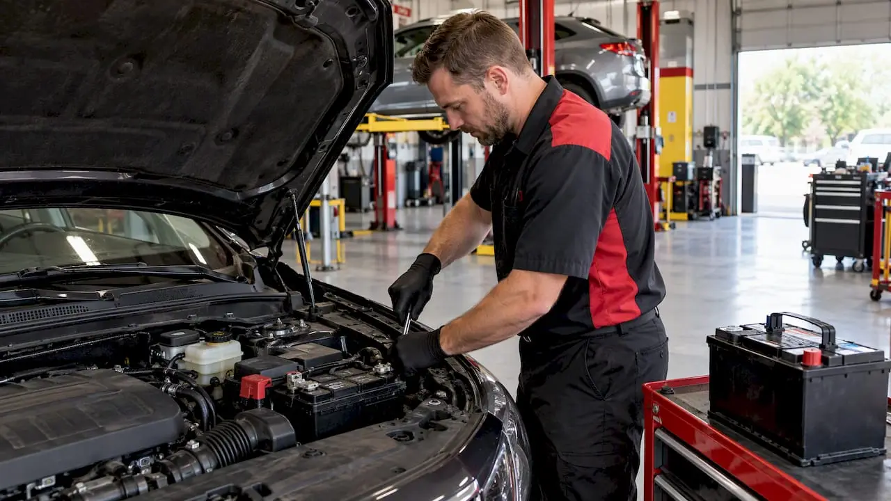 Technician replacing a car battery
