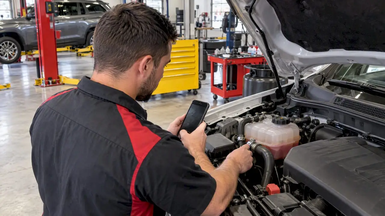 Technician photographing a vehicle coolant connection