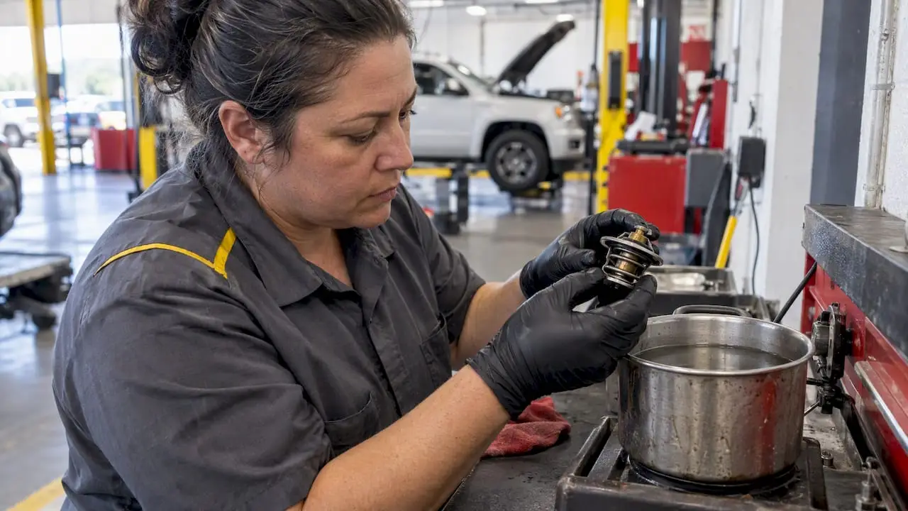 Technician retesting a vehicle thermostat