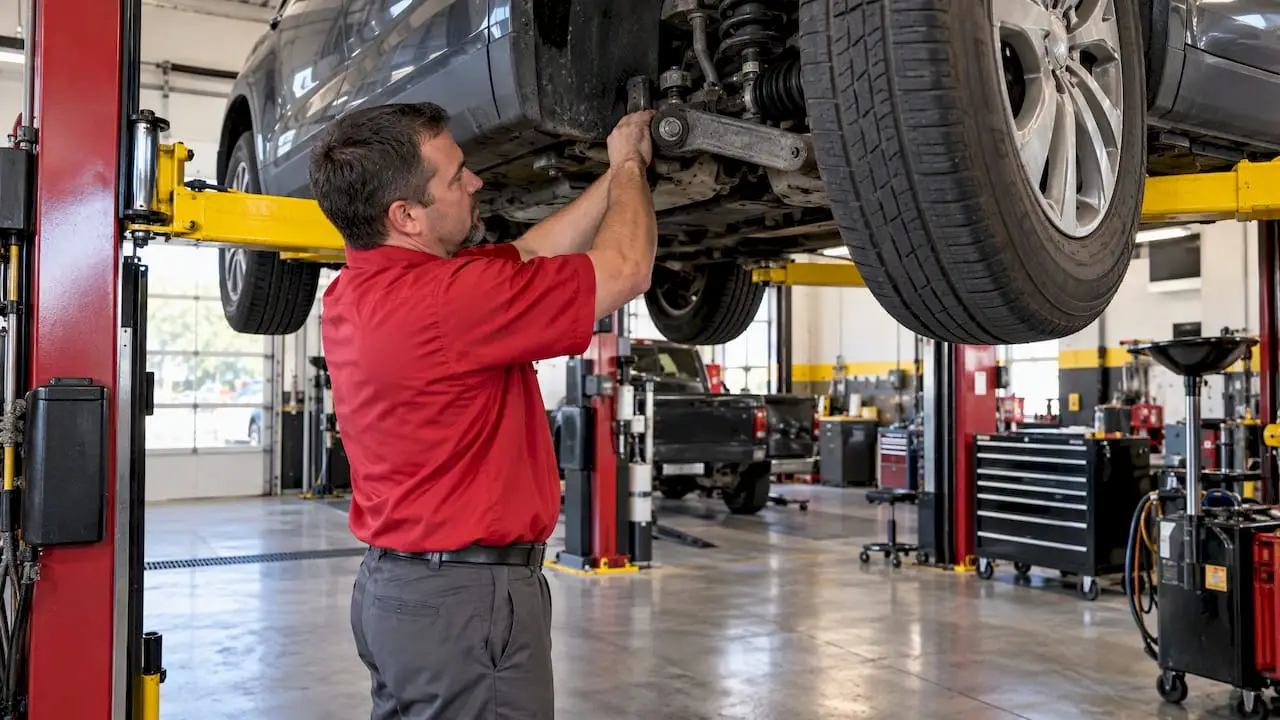 Mechanic inspecting suspension beneath raised vehicle