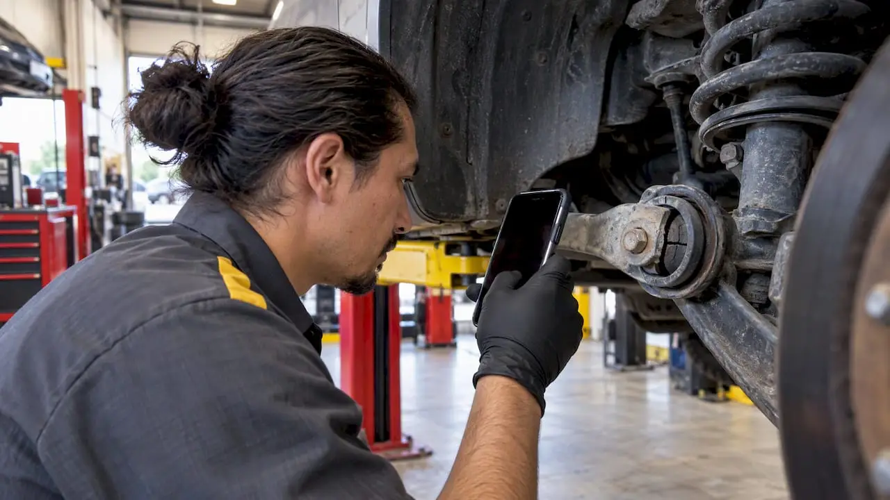 Technician photographing a worn suspension bushing