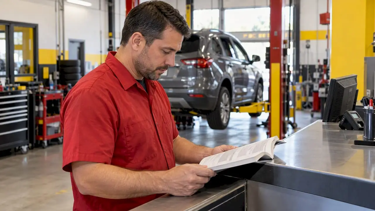 Technician checking a vehicle owner’s manual